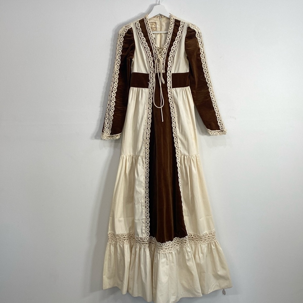 Gunne Sax Brown and Cream Maxi Dress